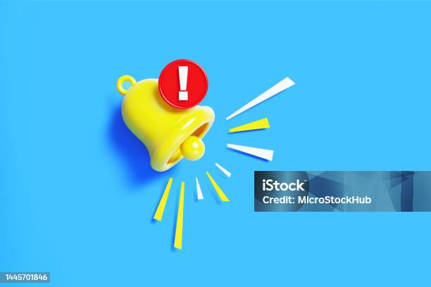 Subscription Concept Yellow Notification Bell And White Exclamation Point On Blue Background Stock Photo - Download Image Now