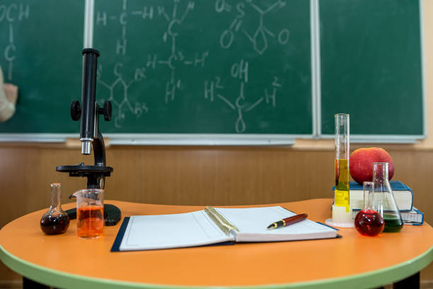 young teacher with microscope, book and test tubes in a classroom. chemistry lesson