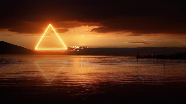 stunning triangle shape made with neon light on the sunset landscape skyline
