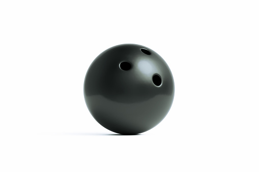Black bowling ball on white background. Horizontal composition with clipping path and copy space.