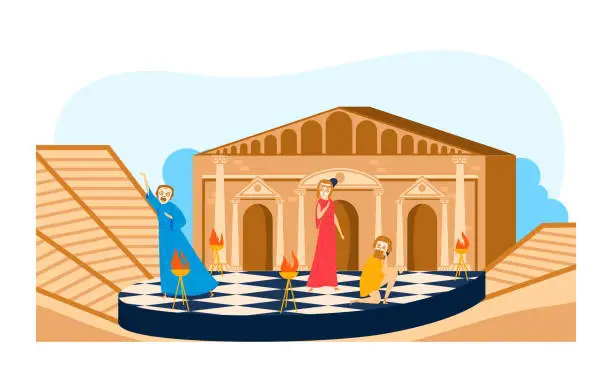 Vector illustration of Greek history people culture, hellenic amphitheater with actorc, vector illustration. Hellenic archeology architecture with ancient column element.