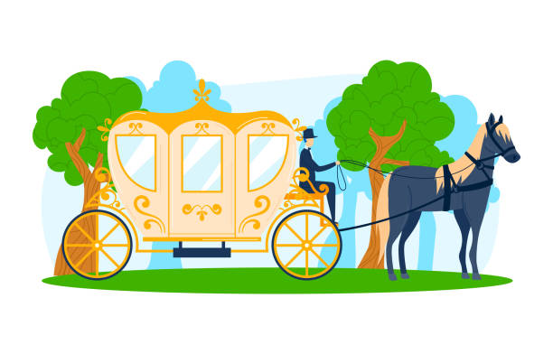 istock Ride carriage transport with horse, vehicle at nature vector illustration. Transportation by old coach, man travel with vintage wagon. 1445706714