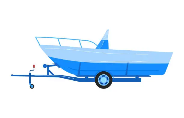 Vector illustration of Boat at vehicle transport, vector illustration. Flat transportation at road icon, isolated on white. Travel to summer beach activity