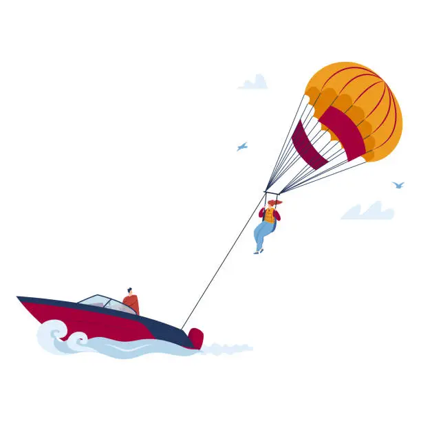 Vector illustration of Summer parachute extreme sport at water, sun holiday vacation with paragliding, vector illustration. Fly travel at sky, boat in sea hold parasailing