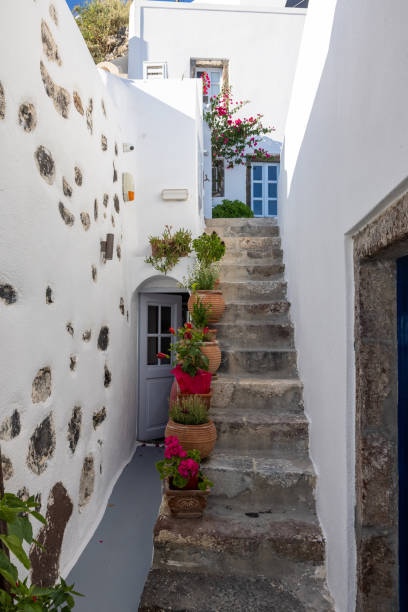 istock Ceramic flower pots on steep stone steps at Imergovigli, Santorini, Greece 1445708270