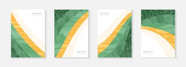 Vector illustration of Green abstract agriculture field vector leaflet. Agro card template, farm presentation. Set of a4 layout with nature theme. Minimalist shape, agri design. Field view with texture background