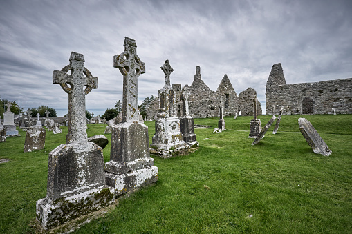 Clonmacnoise Abbey, cathedal and celtic and christian cemetery at Shannon River, County Offaly in Middle ofRepublik of Ireland