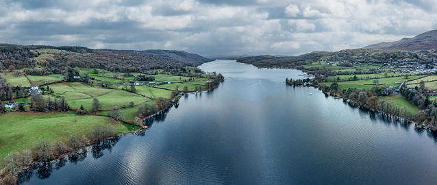 aerial panorama of coniston water and coniston village looking south