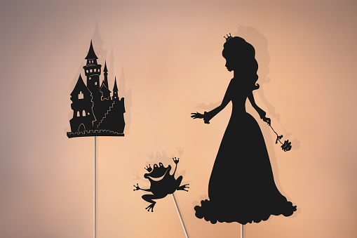 Shadow puppets of Princess, Frog and fairy tale castle