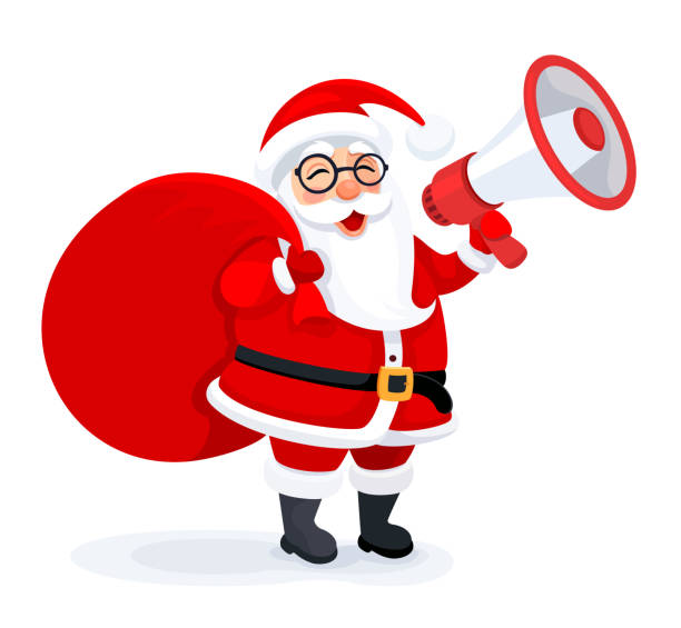 ilustrações, clipart, desenhos animados e ícones de papai noel está usando megafone. vendedor. - santa claus audio