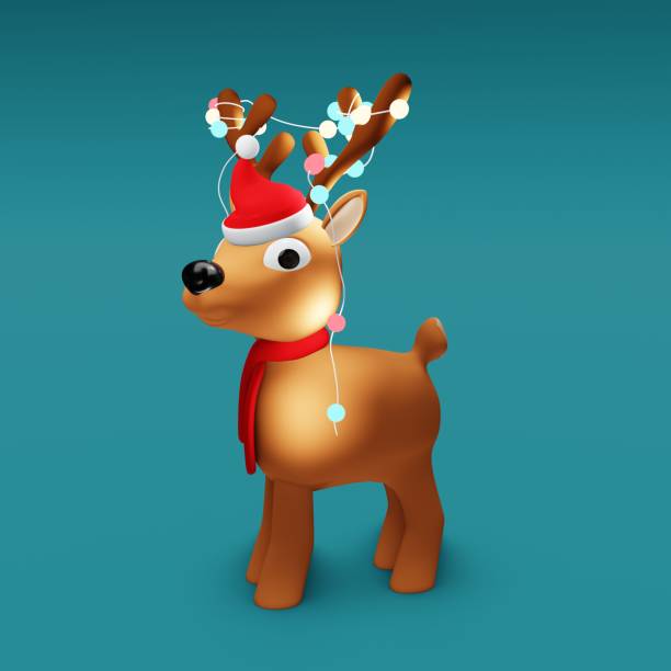 istock Cute Christmas reindeer figurine with colorful lights. 3D render 1445717018