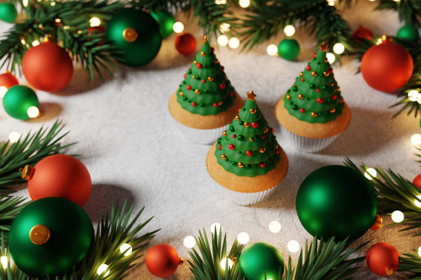 istock Christmas fir tree cupcakes against Christmas lights. 3D render 1445717040