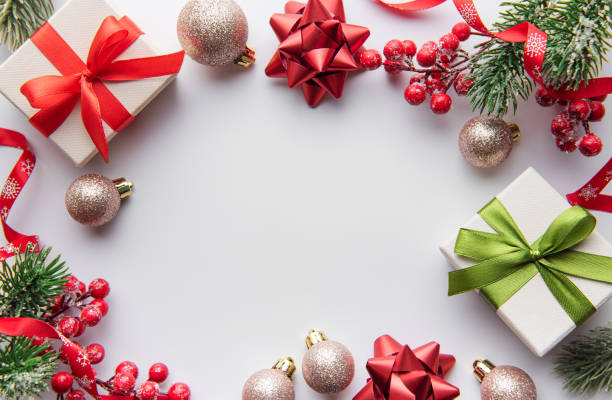 istock Christmas background with fir tree and decor. Top view with copy space 1445718544
