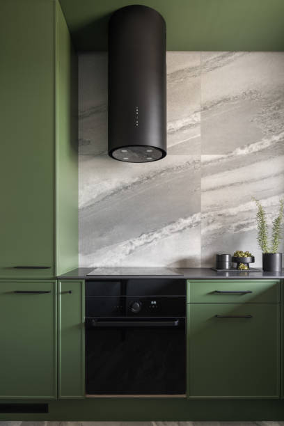 trendy kitchen in green and black - green studio imagens e fotografias de stock
