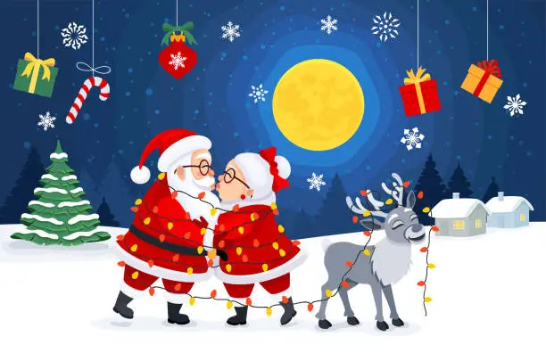Vector illustration of Santa Claus and Mrs. Funny Kiss. Claus. Pure Love. Christmas Card. Reindeer. Funny Situation.