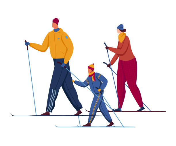 illustrations, cliparts, dessins animés et icônes de famille aller au ski vacances d’hiver jeune coulpe s’amuser à faire un sport extrême vecteur illustration isolé sports d’hiver personnes, concept vacances - coulpe