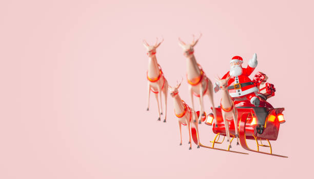 santa claus sleigh flying with gifts stock photo