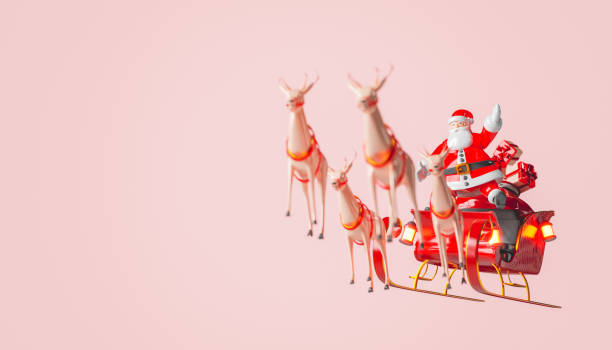 santa claus sleigh flying with gifts 3d rendering of santa claus figures with his sleigh full of presents and reindeer flying on pastel background santa sleigh cutout stock pictures, royalty-free photos & images