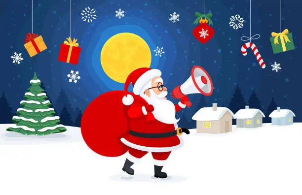 Vector illustration of Merry Christmas. Santa Claus carrying his sack and talk on megaphone. Christmas Background.