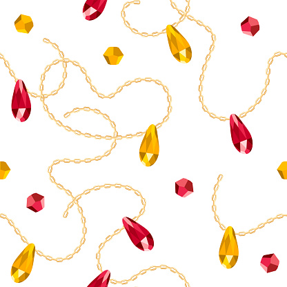 Golden chains and gems seamless pattern. Jewelry background. Vector cartoon flat illustration.