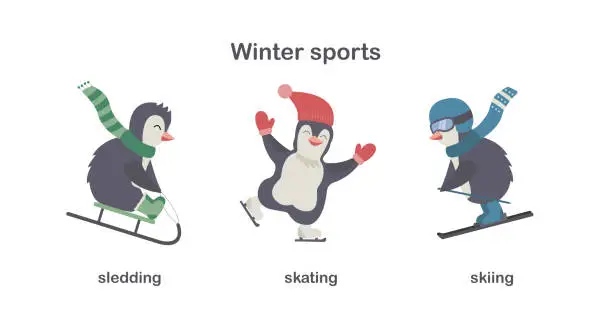 Vector illustration of Three cute funny cartoon Christmas penguins skiing, sledding, skating. Flat Vector illustration with winter sports or Christmas leisure. Educational or greeting cards
