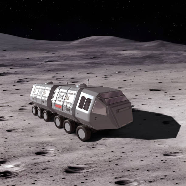 Truck driving across the surface of the moon stock photo