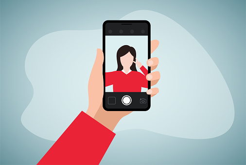Young woman taking selfie photo on smartphone. Hands holding mobile phone. Vector illustration