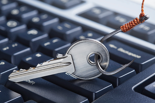 Hacking Keys Phishing Hacking Personal Data And Money Key And Hook On Computer ...