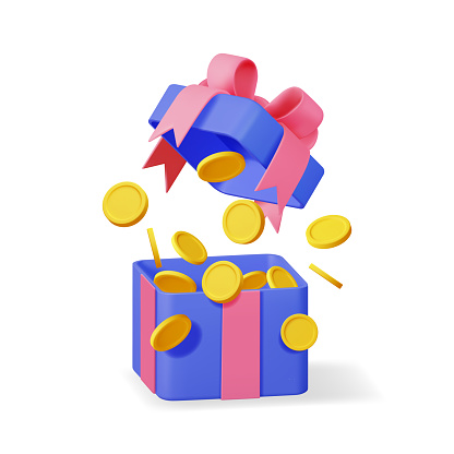 3D Open Gift Box Full of Gold Coins Isolated. Render Giftbox and Golden Coins Money. Concept of Loyalty Program, Casino or Online Games Bonus. Money Prize Reward. Vector Illustration