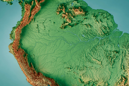 3D Render of a Topographic Map of the Amazon Rainforest.\nAll source data is in the public domain.\nColor texture: Made with Natural Earth. \nhttp://www.naturalearthdata.com/downloads/10m-raster-data/10m-cross-blend-hypso/\nRelief texture and rivers: GMTED 2010 data courtesy of USGS. URL of source image:\nhttps://topotools.cr.usgs.gov/gmted_viewer/viewer.htm\nWater texture: SRTM Water Body SWDB:\nhttps://dds.cr.usgs.gov/srtm/version2_1/SWBD/