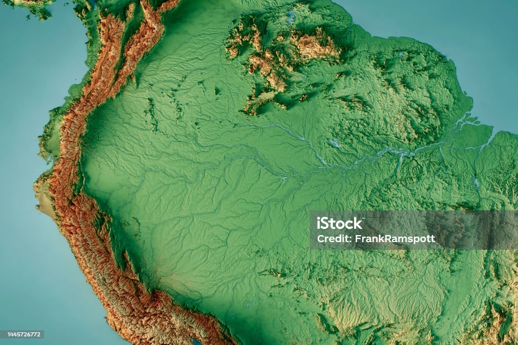 Amazon Rainforest 3D Render Topographic Map Color 3D Render of a Topographic Map of the Amazon Rainforest.All source data is in the public domain.Color texture: Made with Natural Earth. http://www.naturalearthdata.com/downloads/10m-raster-data/10m-cross-blend-hypso/Relief texture and rivers: GMTED 2010 data courtesy of USGS. URL of source image:https://topotools.cr.usgs.gov/gmted_viewer/viewer.htmWater texture: SRTM Water Body SWDB:https://dds.cr.usgs.gov/srtm/version2_1/SWBD/ Acre - Brazil Stock Photo