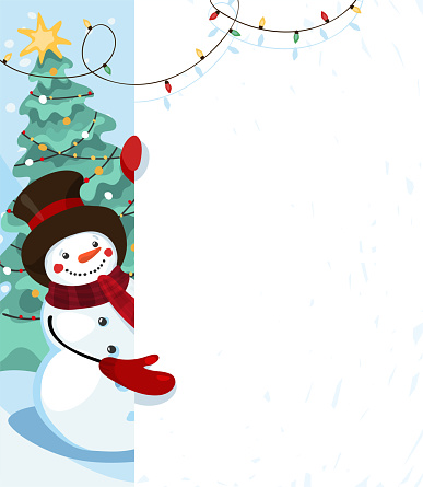 Merry christmas card, cute snowman in a hat holding a board with copy space for text, modern template for design, christmas sale. Flat vector illustration