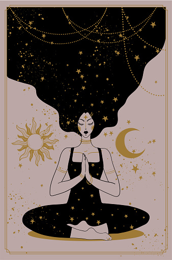 Meditating woman, mental balance, esoteric teachings, development of intuition and channeling. Vector illustration