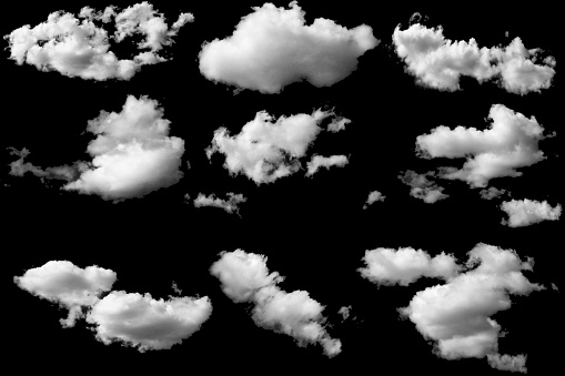 Group of clouds white fluffy for design on a isolated elements black background.