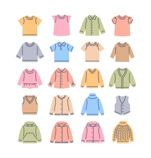 детская ткань рубашки свитера жилеты цвет заполнение линии иконки - polo shirt multi colored clothing variation stock illustrations