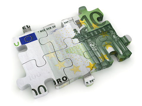 A set of several different Euro banknotes from 5 to 200 Euro