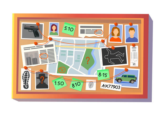 Detective board with photos, map, fingerprints, newspapers, and evidence connected by a red thread. Cartoon vector illustration. Detective board with photos, map, fingerprints, newspapers, and evidence connected by a red thread. Cartoon vector illustration. detective map stock illustrations