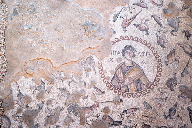 Antakya Turkey, November 26, 2022 : Mosaics in Antakya Museum Hotel, Hatay, Turkey. Detailed mosaic pattern from the ancient Roman period in Hatay, Turkey.