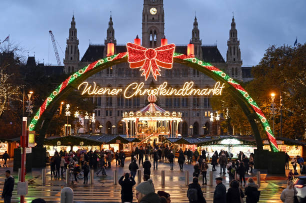 Christmas market on the Rathausplatz in Vienna View of the illuminated Christmas market in front of the City Hall in Vienna, Austria, in the evening vienna town hall stock pictures, royalty-free photos & images