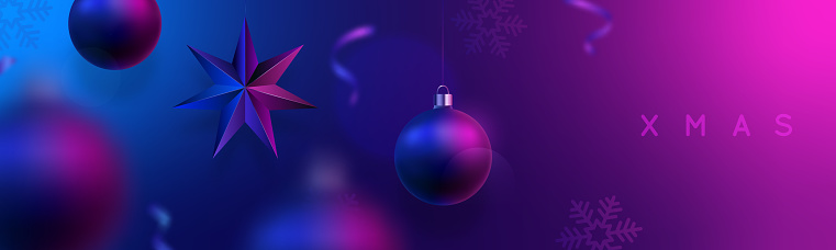 Xmas adversting banner. Hanging Christmas balls with colorful reflection. Festive neon composition.