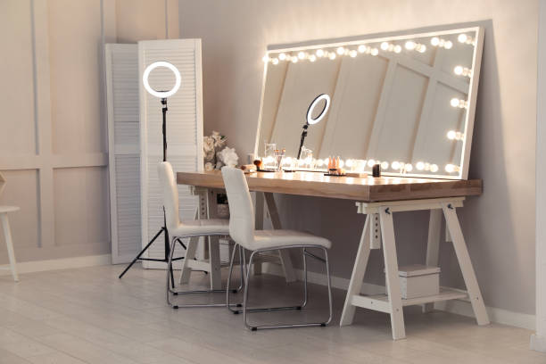 istock Modern mirror with light bulbs on dressing table in makeup room 1445742638