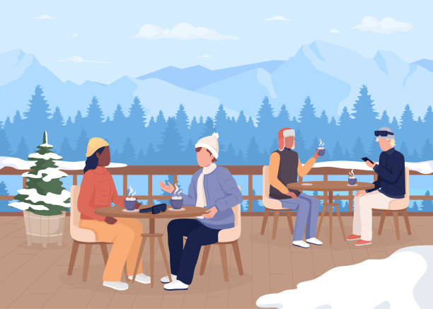 Dinner at ski resort flat color vector illustration Dinner at ski resort flat color vector illustration. Drinking hot cocoa with marshmallows on veranda. Enjoying winter. Fully editable 2D simple cartoon characters with mountain landscape on background table moutain stock illustrations