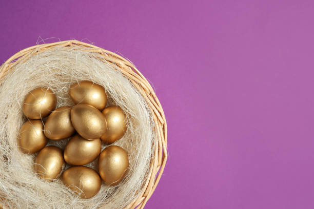 紫の背景に巣に輝く金色の卵、上面図。テキスト用のスペース - shiny group of objects gem bright ストックフォトと画像