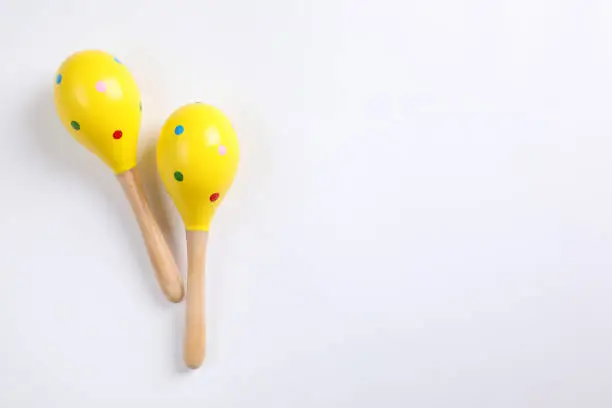 Bright wooden maracas on white background, top view. Montessori musical toy