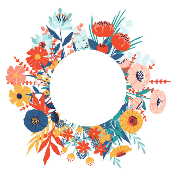 Flower frame. Circle bouquet, greeting cards and invitation decor, wedding spring summer collection, garden decor with bright botanical elements. Beautiful border isolated vector illustration Flower frame. Circle bouquet, greeting cards and invitation decor, wedding spring summer collection, garden decor with bright botanical elements. Beautiful border isolated on white vector illustration rose cartoon stock illustrations