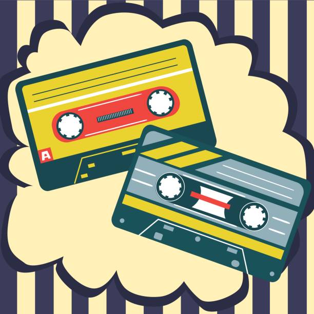 istock Retro cassette. Audio record. Listen to music. Stereo mixtape. Stripes and cloud shape. Old multimedia equipment. 80s musical disco poster. Mix tape technology. Vector illustration 1445751662