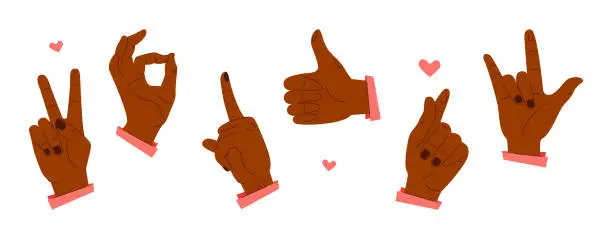 Vector illustration of African American hand gestures - set of flat design style illustrations