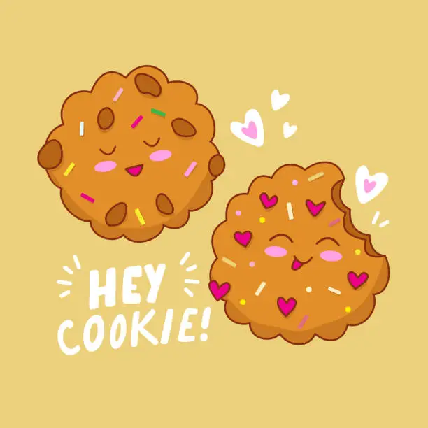 Vector illustration of Cute Kawaii Choco Chip Cookies. Cartoon Character with Hey Cookie sign.