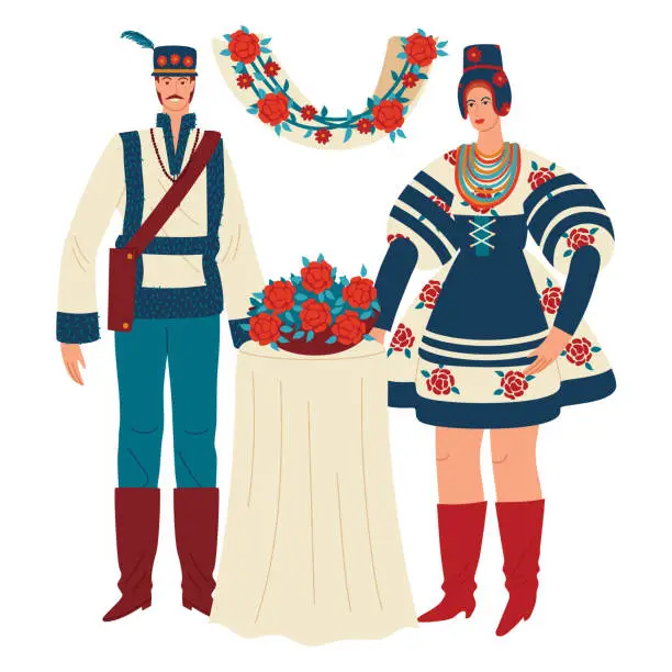 Vector illustration of Festivities hungarian tradition, man woman couple in culture wedding clothes, vector illustration. Romanian serbian tradition for couple