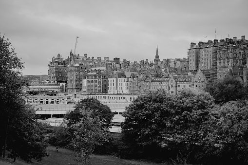 Edinburgh Scotland: 19th Oct 2022: Edinburgh City skyline in Autumn view from  Princes Street gardens in black and white